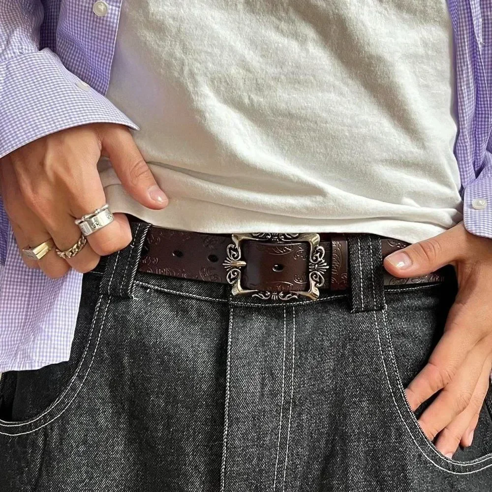 vintage style brown american western floral design belt